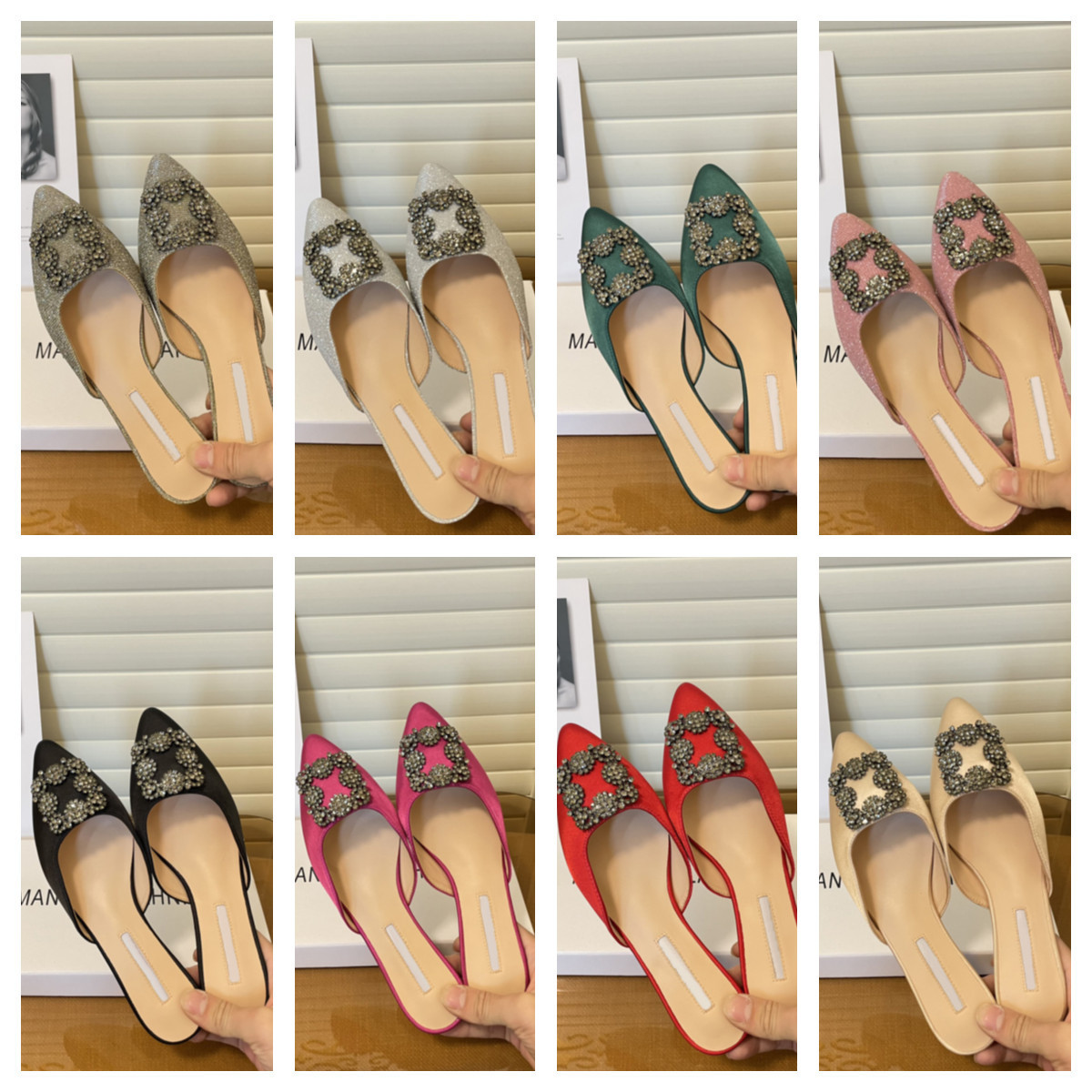 

Designer branded Rhinestone slipper luxury Manolos Blahniks dress shoes sandal Hangisi Black Satin Jewel Mule Flat 34-40 size lady's wedding party shoe slippers, Other color;contact me