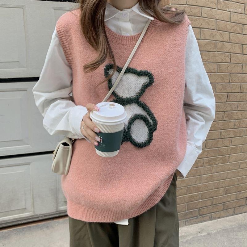 

Women's Vests Women's Chic Sweet Cute Baer Sweater Vest O-neck Loose Sleeveless Knitted Gilet 2022 Korean Preppy Style Casual All-match, Black