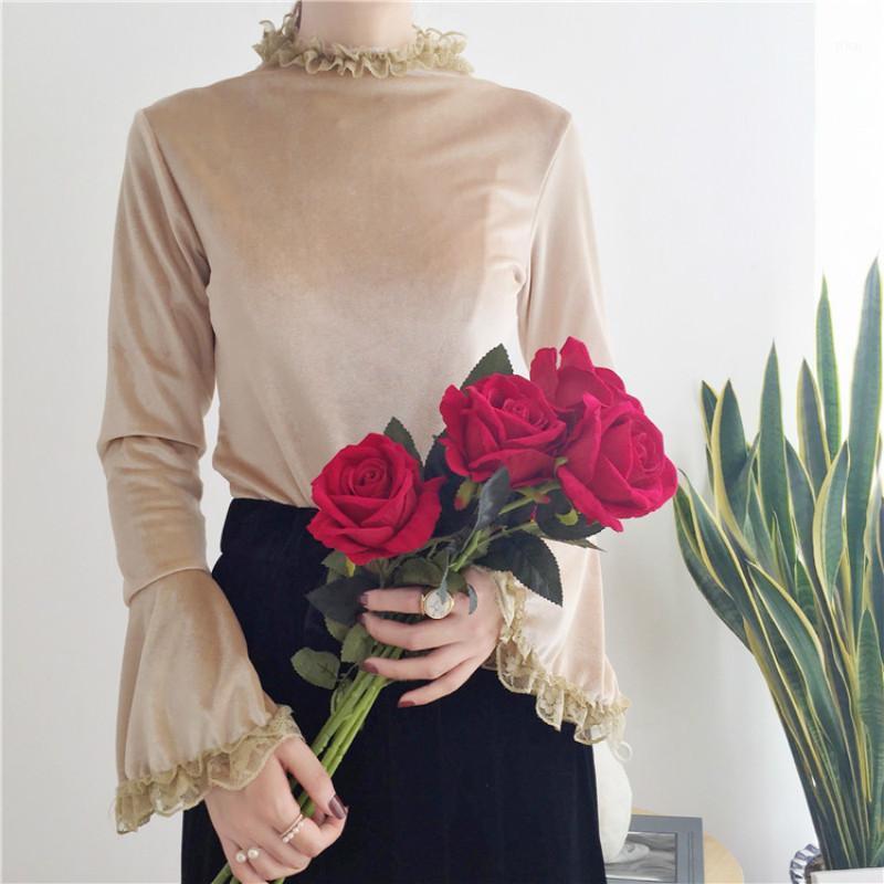 

Women's Blouses & Shirts Korean Female Fashion Velvet Top Lace Blouse Shirt Autumn Women Turtleneck Tops Flare Sleeve Warm Velour Blusa Femi, Blue