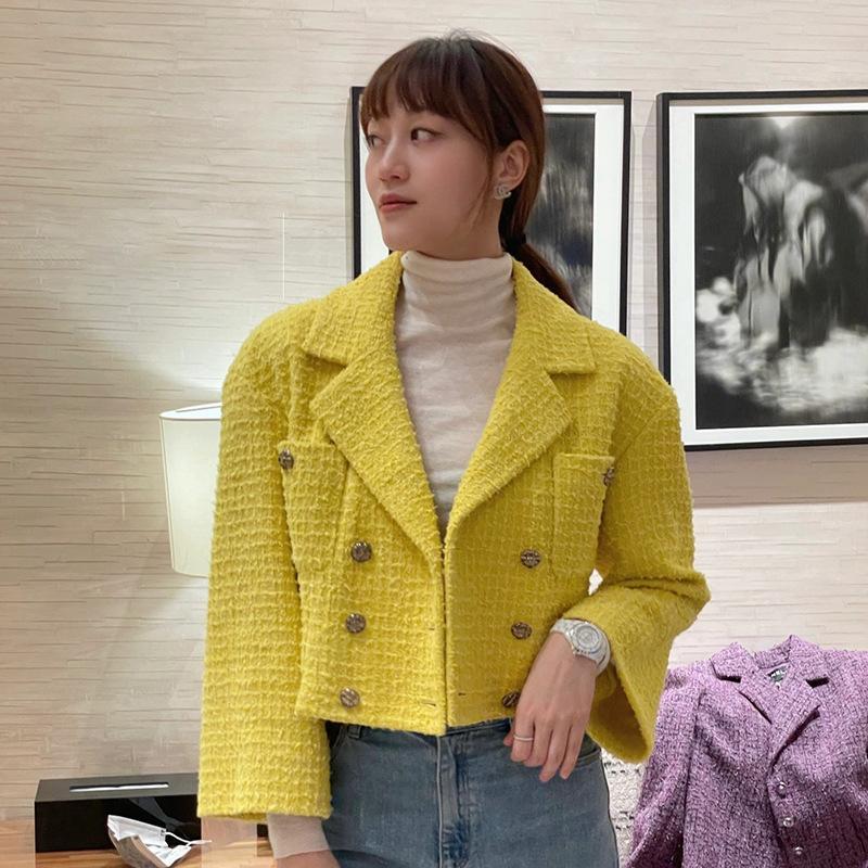 

Women' Jackets Runway Fashion Yellow Tweed Jacket 2022 Autumn Women' Double-Breasted Loose Short Section Coat ElegantWomen' WomeWomen