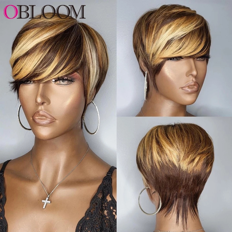 

Short Pixie Cut Peruvian Human Hair Wigs with Bangs Ombre Blonde 180 Density None Lace Front Wig Glueless for Black Women, Natural color