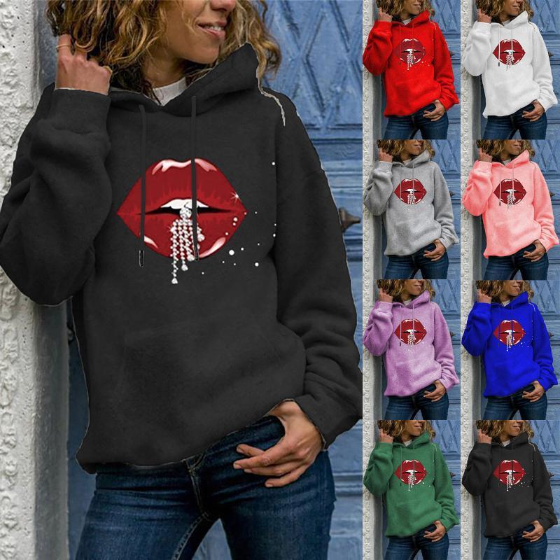 

Women Fleece Red Lips Print Hoodie Sweatshirts Winter Fashion 2022 Oversize Ladies Pullovers Sweatshirt Warm Hooded Women' Hoodies, Bk