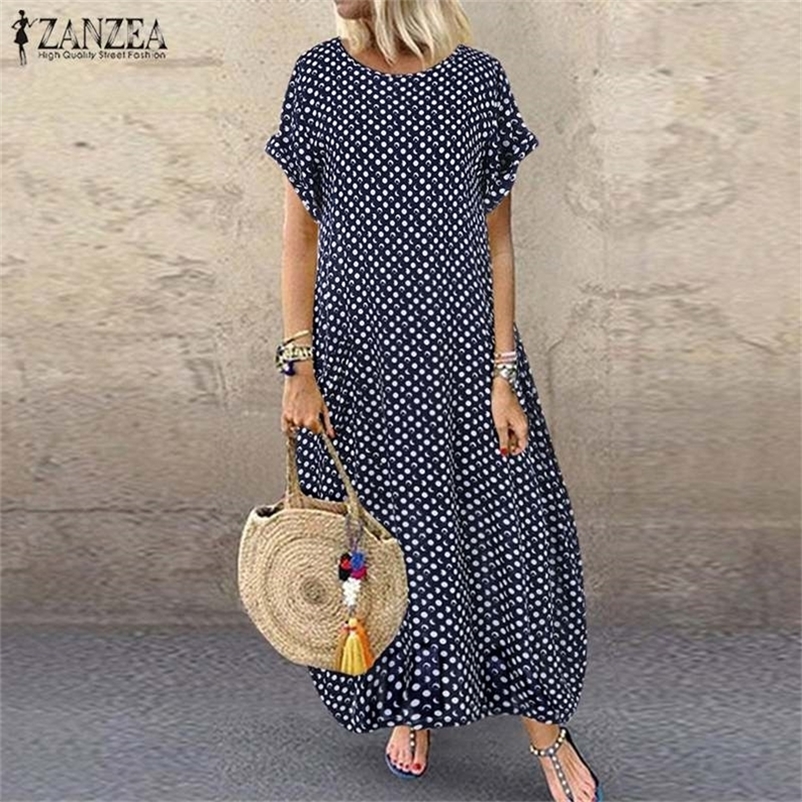 

ZANZEA Summer Vintage Long Dress Polka Dot Sundress Women O Neck Short Sleeve Baggy Kaftan Party Vestido Robe Femininas 220614, A white