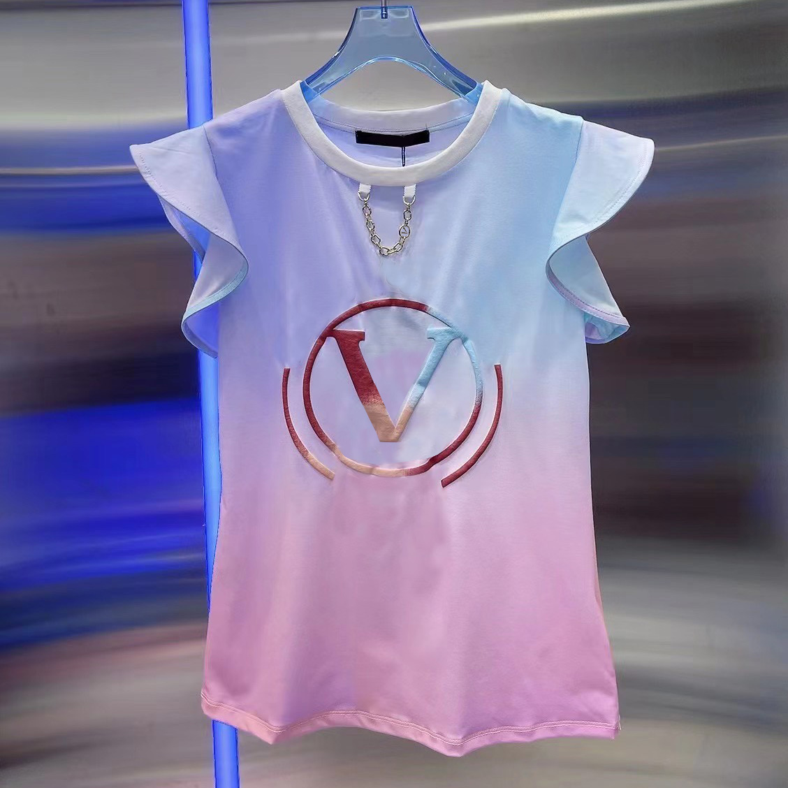 

Ruffle Sleeve T Shirt Metal Chain Decoration Tees Macaroon Gradient Tie Dye Tops Tee Versatile Short Sleeves Shirt, 1#