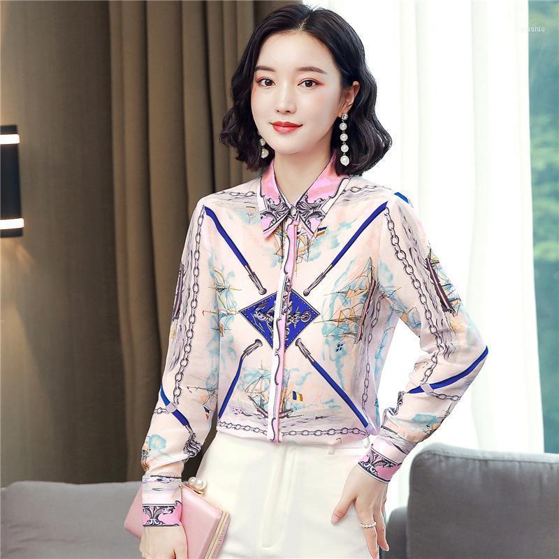 

Women' Blouses & Shirts Korean Style Tops Elegant Long Sleeve Blouse Female 2022 Office Lady Sailing Chain Single Breasted Print Silk Shirt, As picture