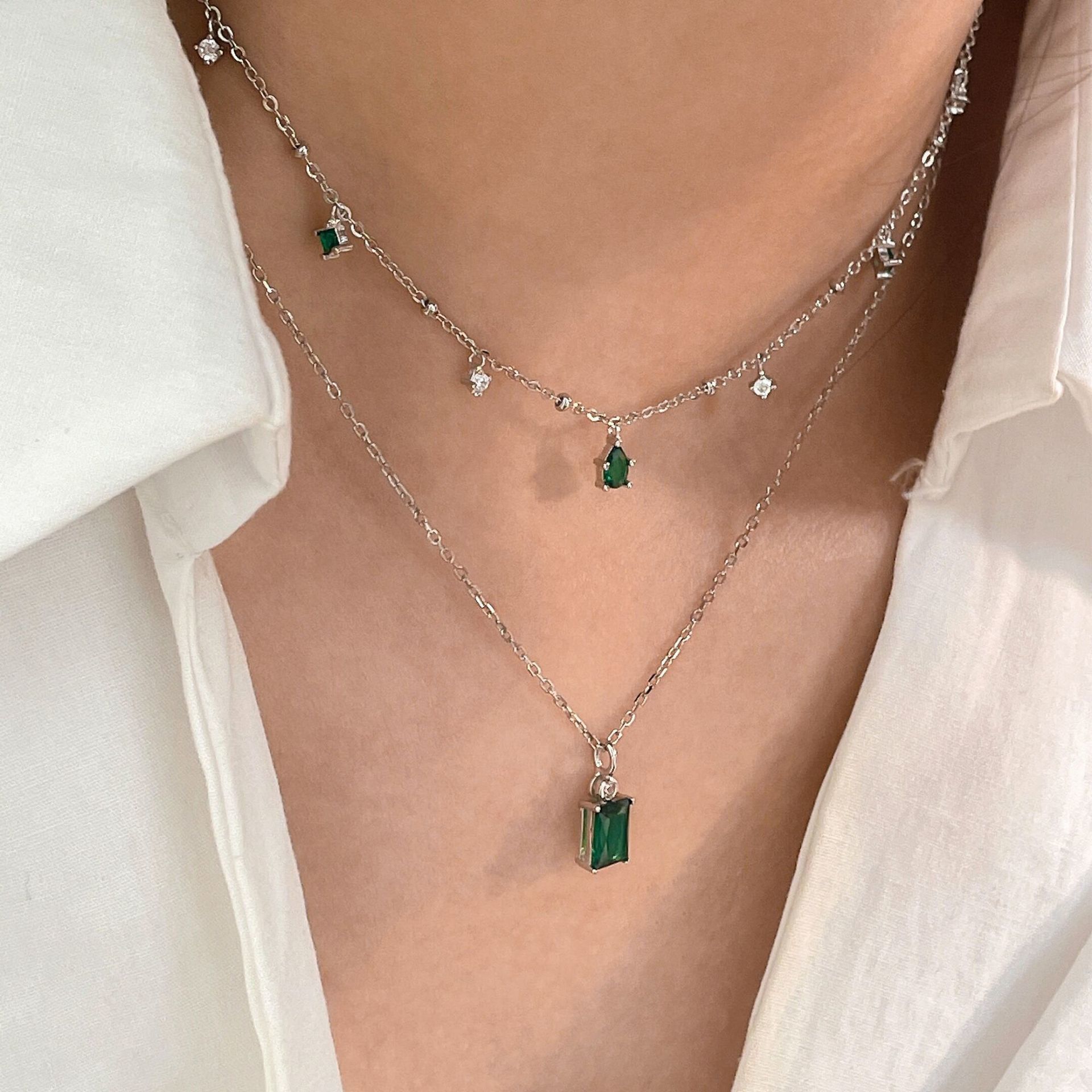 

925 Sterling Silver Square Zircon Overlay Double-layer Necklace Women's Ins Simple Clavicle Chain Light Luxury Xiaozhong Net Red