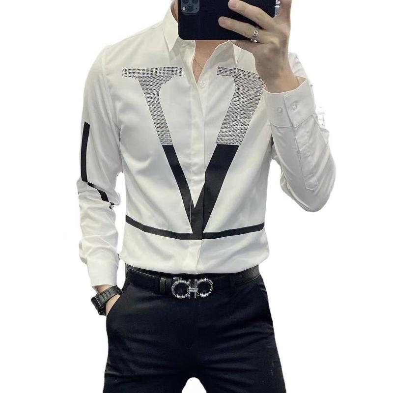 

Men's Dress Shirts Luxury Men Long Sleeve Business Casual Shirt Rhinestone Letter Slim Streetwear Social Nightclub Chemise Homme Bebes, White