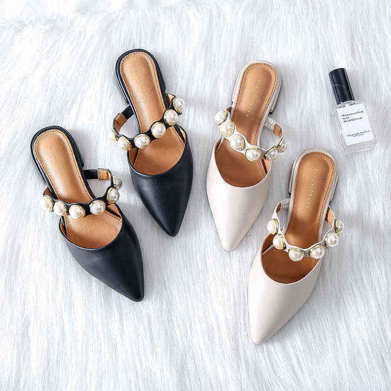 

Slippers Spiked Flat-soled Female Summer 2022 New Style Retro-style with Rough Heels and Low 220705, Black