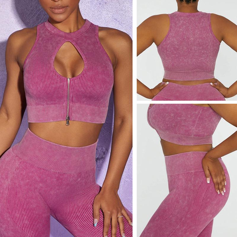 

Yoga Outfit Retro Set Women Seamless Gym Clothes Sports Suits Half Zipper Crop Top Ribbed High Waist Leggings Workout OutfitsYoga, Light purple