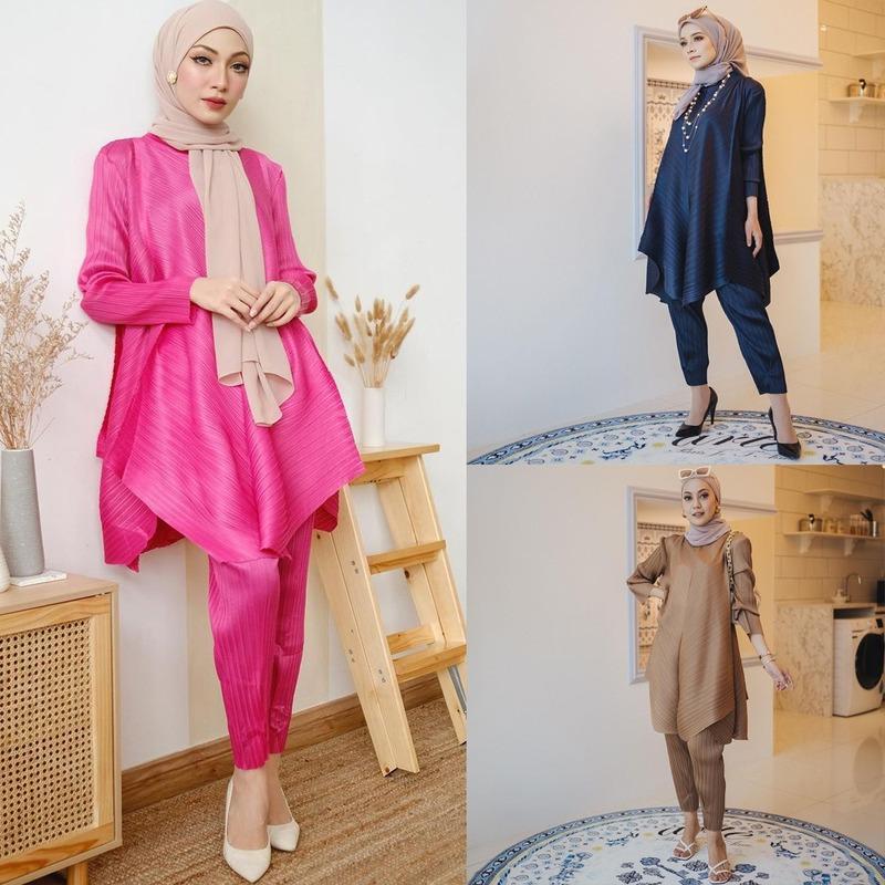 

Women's Two Piece Pants Women Loose Pleated Suit Muslim 2-Piece Autumn Long Sleeve O-Neck Pullover Irregular Top Elastic-Waist Straight Suit, Khaki