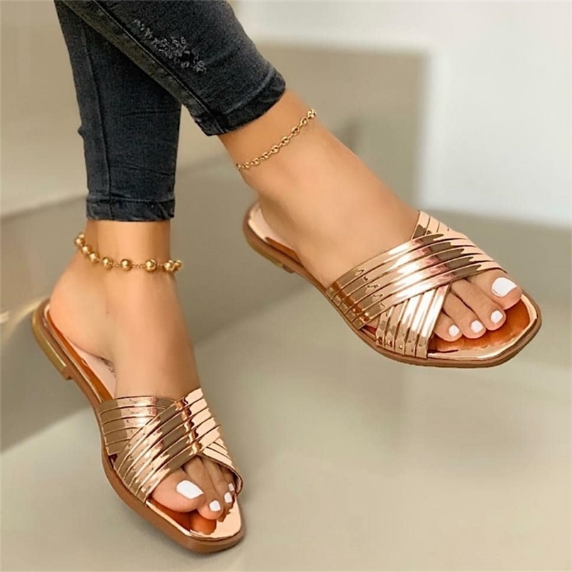

Women Slippers Beach Summer Shoes Women Slip on Bling Gold Flat Slides Outdoor Shoes Female Casual Sandals Plus Size 220406, Beige