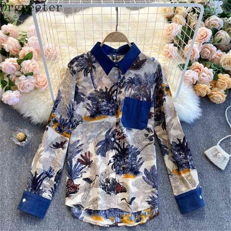 

Retro Women' Stitching Denim Printted Long Sleeve Shirt Lapel Single-breasted Plus Size OL Work Wear 210602, Blue