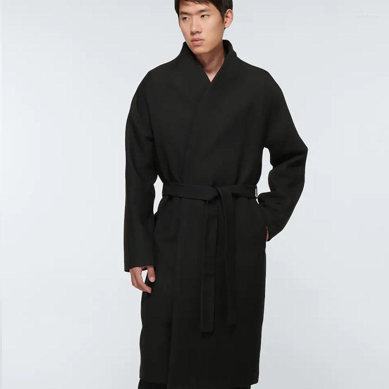 

Men' Wool & Blends Long Stand Collar Loose Cashmere Coat Autumn And Winter 2022 British Fashion Season Belt Casual Viol22, Black