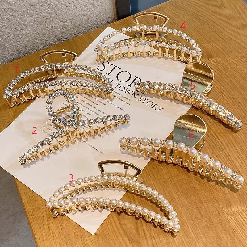 

Elegant Luxury Gold Metal Bling Hair Jewelry Pearl Crystal Rhinestone Claw Clamps