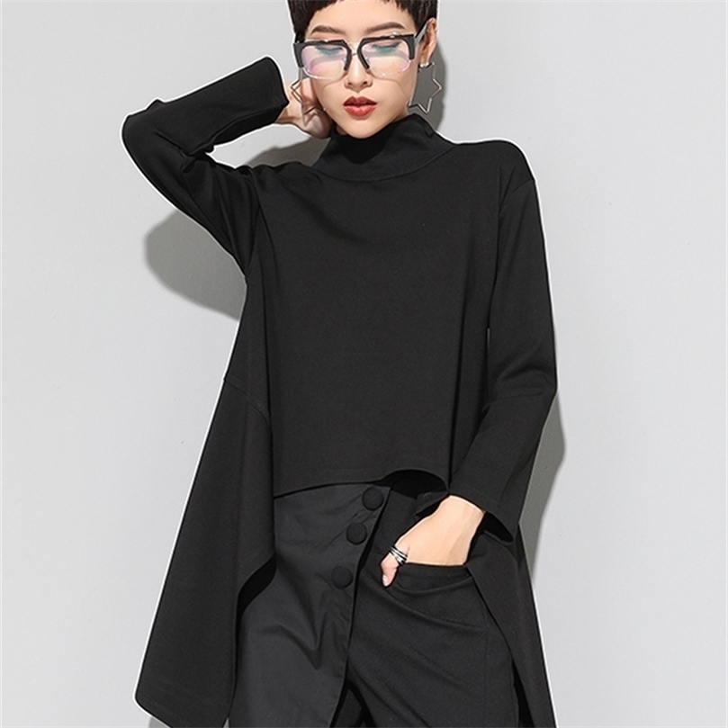 

XITAO Vintage Black Turtle Neck T Shirt Women Plus Size Kawaii Casual Long Sleeve Irregular Tops Korean Clothes ZLL1177 220401, Black zll1177