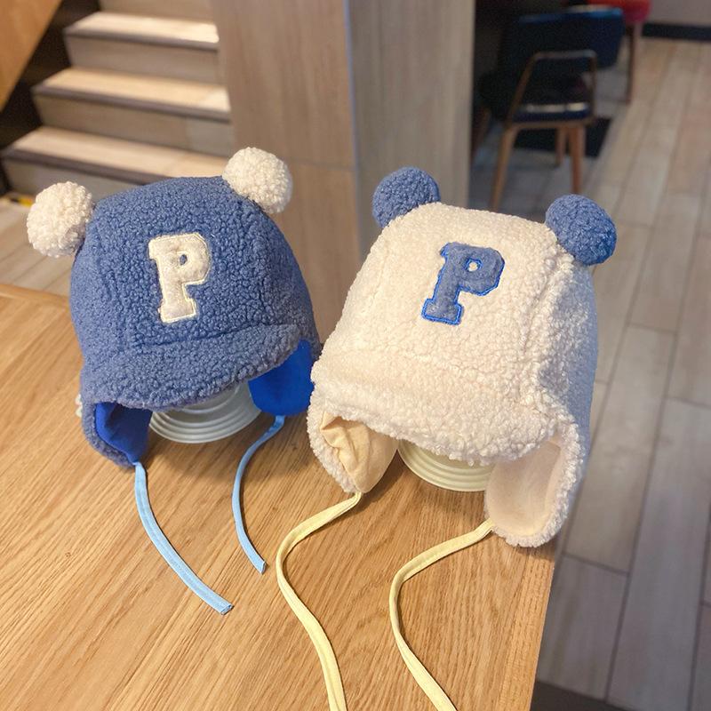 

Caps & Hats Children's Hat Autumn Winter Girls Born Boy Baby Ear Protection Plush Letter Kids Cute Warm And Windproof CapsCaps, Blue