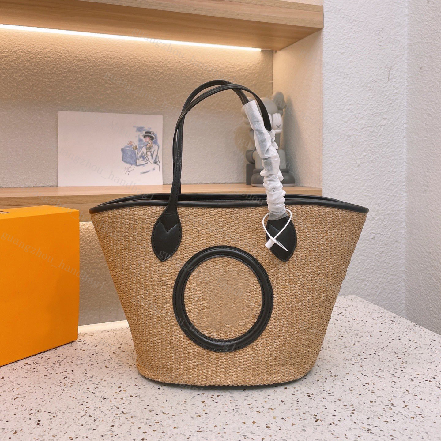 

Designer Tote Bags Women Summer Casual Totes Fashion Ladies Storage Mini Drawstring Bucket Bag Solid Color Large Capacity Shopping Woven Shoulder Bag, Black