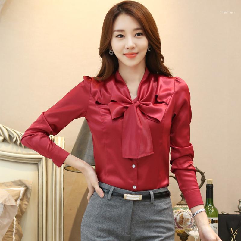 

Women' Blouses & Shirts Wine Red Silk Shirt Women Bow Neck Design Chiffon Long Sleeve Fashion Satin Office Ladies Temperament Loose Work To, Style 02