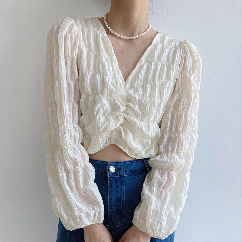 

Women's Blouses & Shirts Lantern Sleeve Shirt Women Autumn V Neck Solid Shirring Blouse Office Lady Pullover Fashion Casual Crop Top Femme, Black