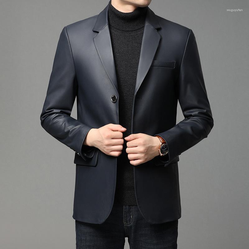 

Men's Leather & Faux Haining Genuine Sheepskin Suit Business Casual Middle Aged Fall / Winter 2022, See chart