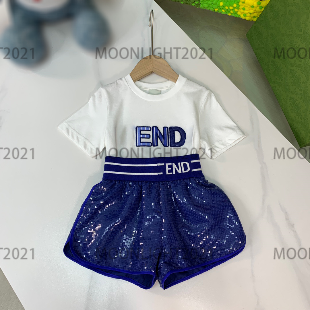

girls Pure cotton T-shirt + sequin culottes shorts sets cd shorts 2022ss newly round neck embroidery designer fashion summer t-shirts, 06