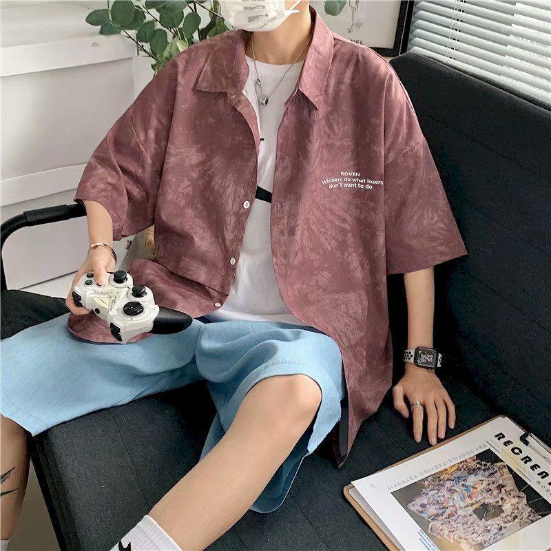 

Men's Casual Shirts Hip-hop Tie-dye Shirt Pink Men Short-sleeved Oversized Summer Loose Hong Kong Style Streetwear For Women