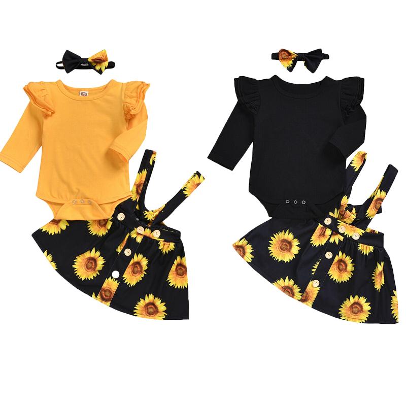 

Clothing Sets Born Baby Girl Infants Clothes 0-24M Cotton Romper Sunflower Bib Strap Dress Headband OutfitsClothing, Black