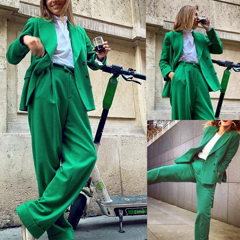 

Women's Two Piece Pants Causal Winter Green Woolen Suits Custom Made Loose Double Breasted Female Jacket Pocket Daily Wide Leg, Yellow