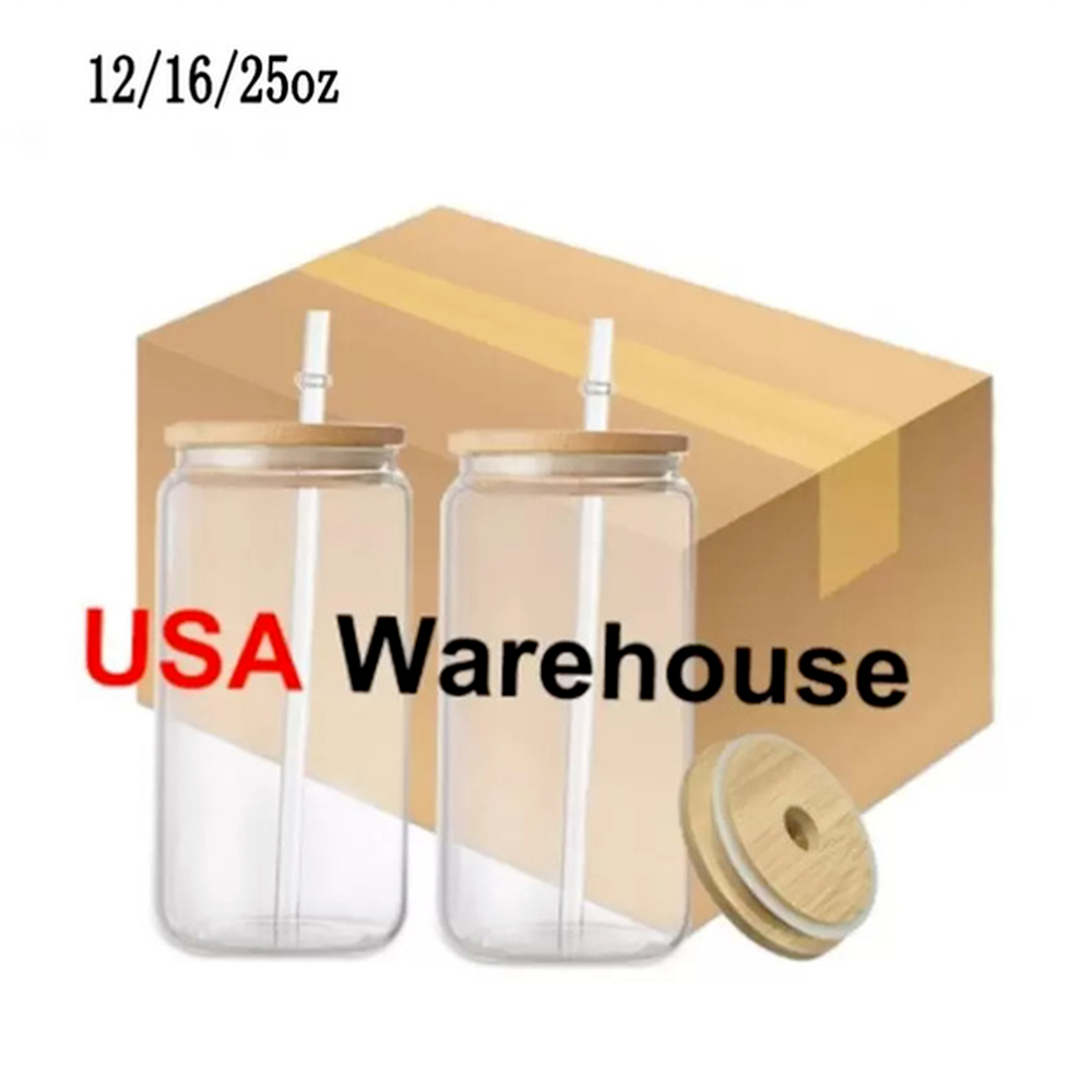 

12oz 16oz 25oz sublimation Glass Beer Mugs Glass Water Bottle Beer Can Glass Tumbler Drinking Glasses With Bamboo Lid And Reusable Straw Iced Coffee Glasses AA, 12oz with bamboo lid and straw