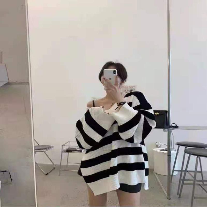 

Women's Jackets Autumn And Winter Retro V-neck Loose Pullover Side Slit Striped Long-sleeved Knitted Sweater Top WomenWomen's, White