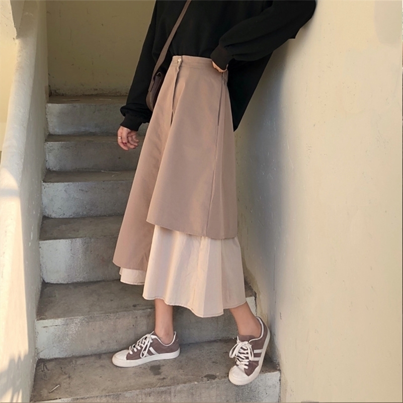 

Vintage Autumn Winter Women Irregular Pleated Skirt Long Elastic Waist Boho Beige Maxi Skirts Faldas Saia Y200910, Khaki