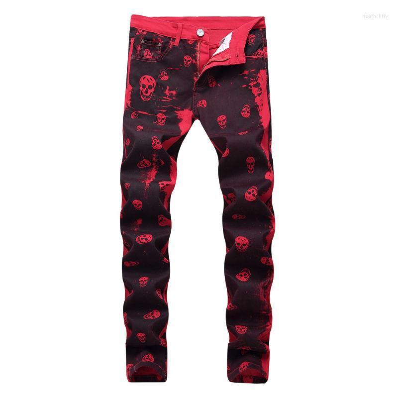 

Men's Jeans Size -42 Men's Fashion Skeleton Skull Night Club Personality Male Slim Fit Printed Red Denim Pants Long TrousersMen's Heat, Blue