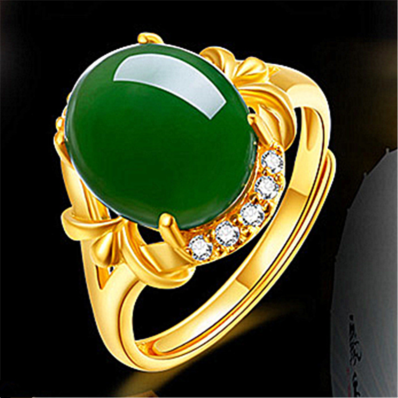 

Classic Ethnic Gold Plated Hetian Jasper Ring Inlaid jade chrysoprase ring open mouth adjustable innovative ring