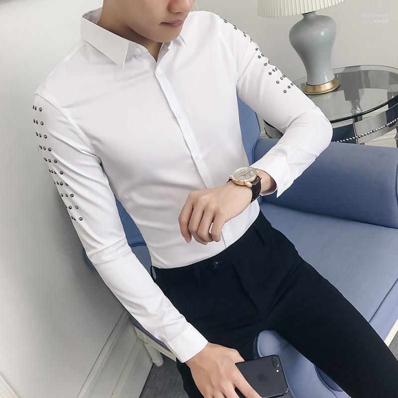 

High Quality Brand Shirt Men Fashion 2022 Rivets Decor Long Sleeve Dress Shirts Slim Fit Casual Prom Tuxedo Blouse 3XL-M Men's Quin22, White