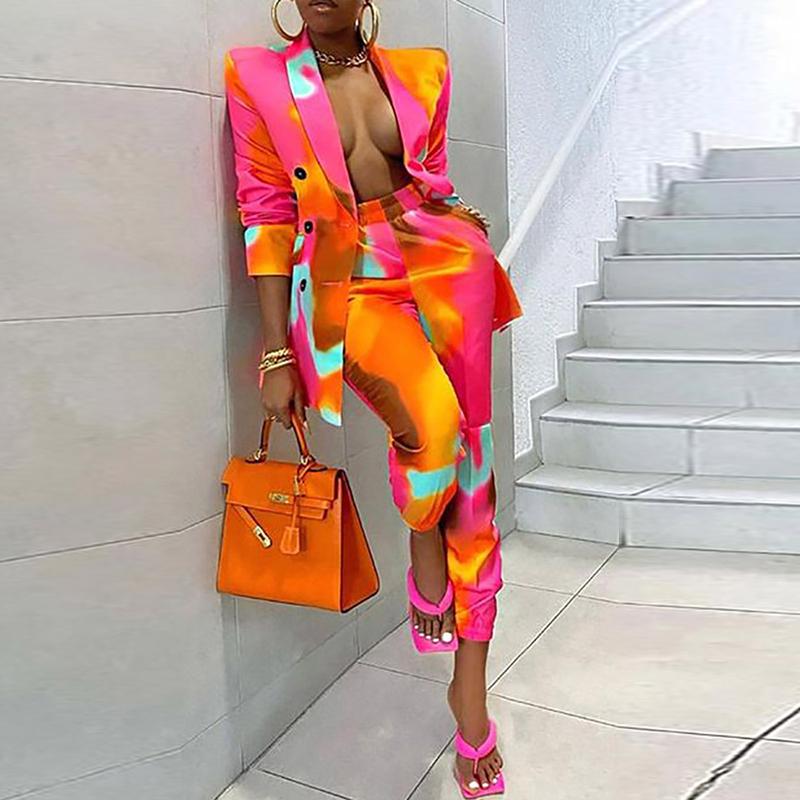 

Women' Two Piece Pants Vintage Elegant Pattern Printed Blazer Tops & Long Cargo Sets Women Office Outfits 2022 Autumn