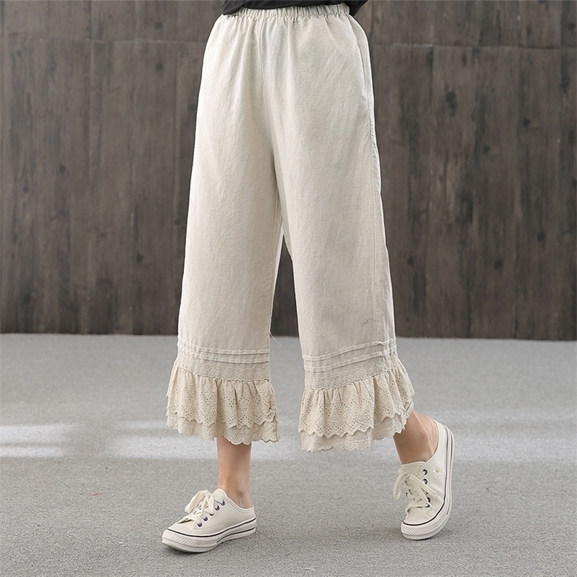 

Lamtrip Literature Art Forest Simple Cotton Linen Lace Lacing Japanese Loose Wide Leg Pants Women 201228, White