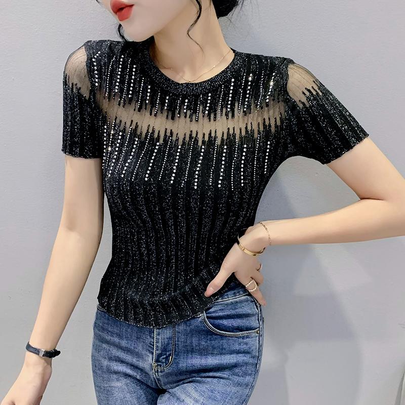 

Women's Sweaters Summer Korean Ladies Elegant Thin Knit T-Shirt Sexy Hollow Out Shiny Diamonds Transparent Women Tops Elastic Comfy TeesWome, Sky blue