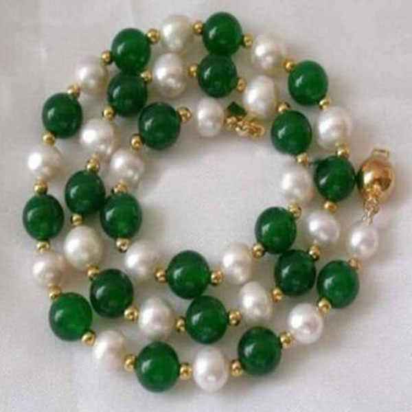 

Natural 7-8MM White Akoya Pearl & Green Jade Round Gems Beads Necklace 18"
