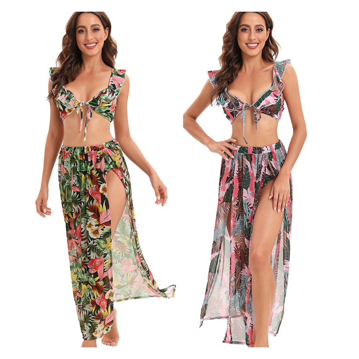 

UNLIMON Bathing Suits for Women Three Pieces Sexy Bikini Swimsuit Cover Up Womens Tropical Print Ruffle Plus Size Swim Wear Cover Ups, Green