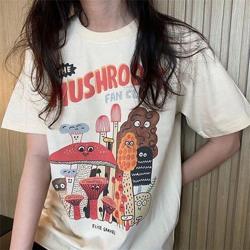 

The Mushroom Cute Women' T Shirt Harajuku Vintage 80s 90s Cotton Short Sleeve Kawaii Graphic Funny Tee Streetwear Clothes 220321, Fungi black
