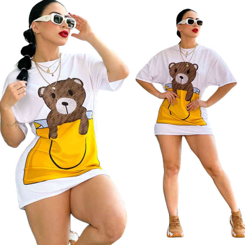 

J2701 Women Summer Designer New Fashion White Bear Print Short Sleeve Cute Dress Short Dress