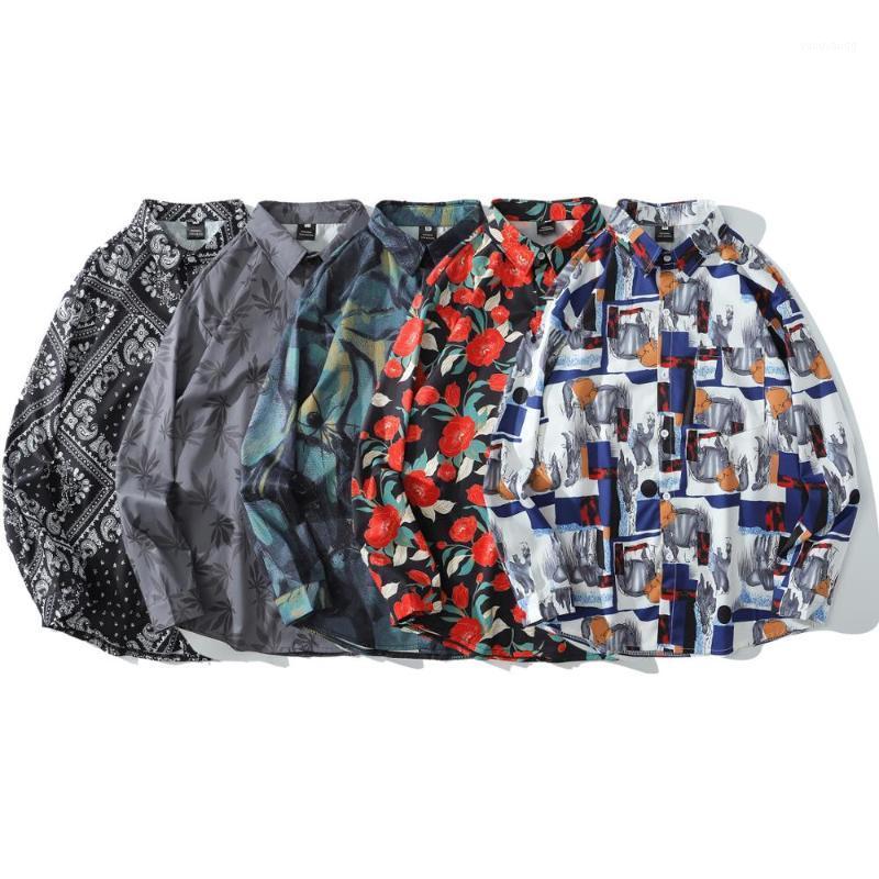 

Men's Fashion Tops Loose Long Sleeve Casual Shirts Front Pockets Floral Print Single Breasted 5 Styles For You, 04