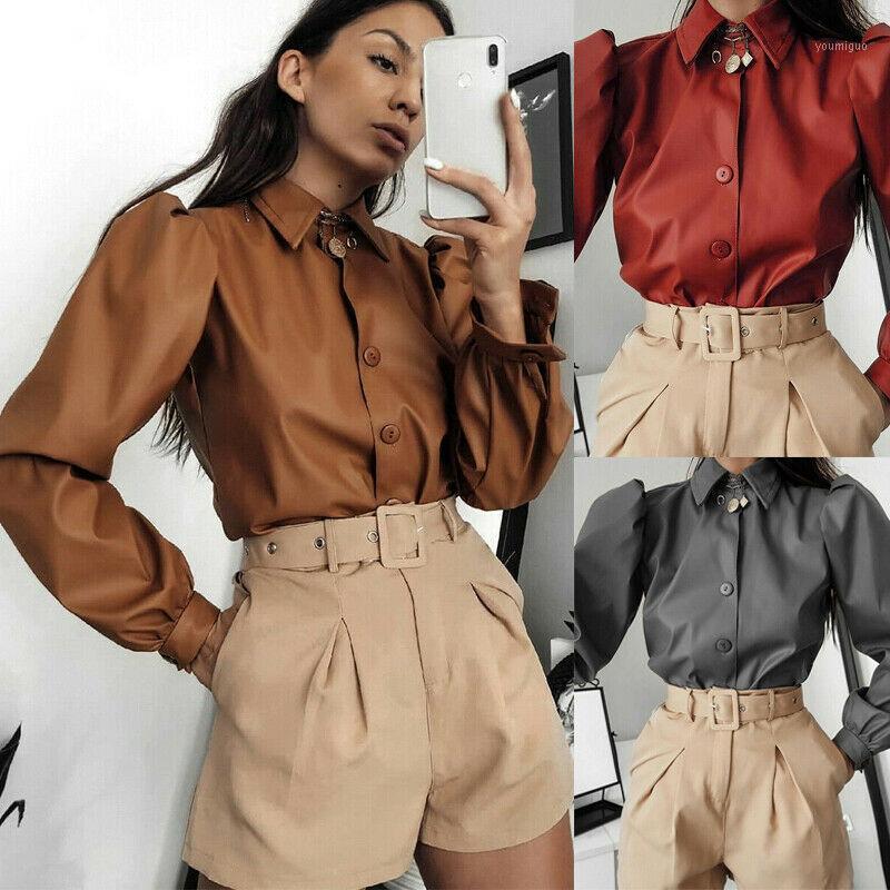 

Women' Blouses & Shirts Fashion Vintage Elegant Ladies Faux Leather Lapel Shirt Button Long Puff Sleeve OL Playa Blusas Femininas Elegante, Black