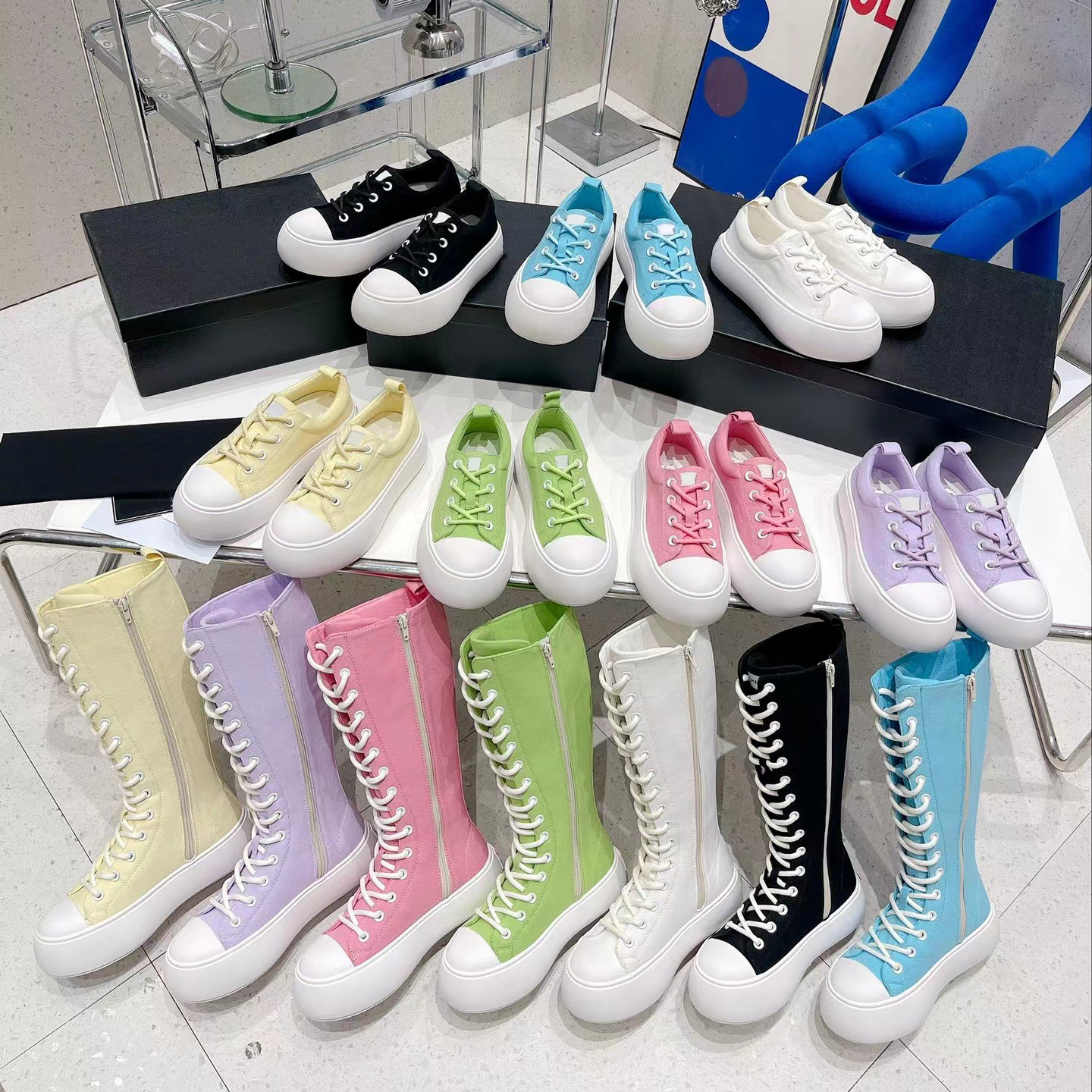 

2022 Women Canvas Knee Boots High Top Male Fashion Owen Luxury Designer Sneakers Black Lace Up Mens Woman Shoes thick sole Trainers, Customize