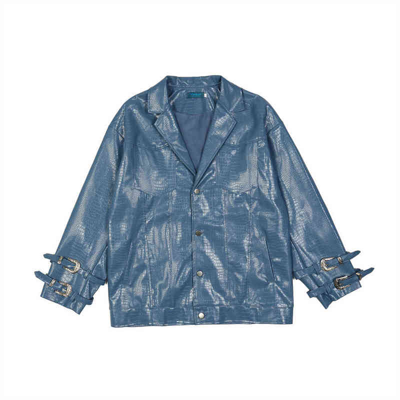 

Pure color PU leather jacket men's ins high street fashion brand loose lapel motorcycle jacket personality pattern T220728, Blue