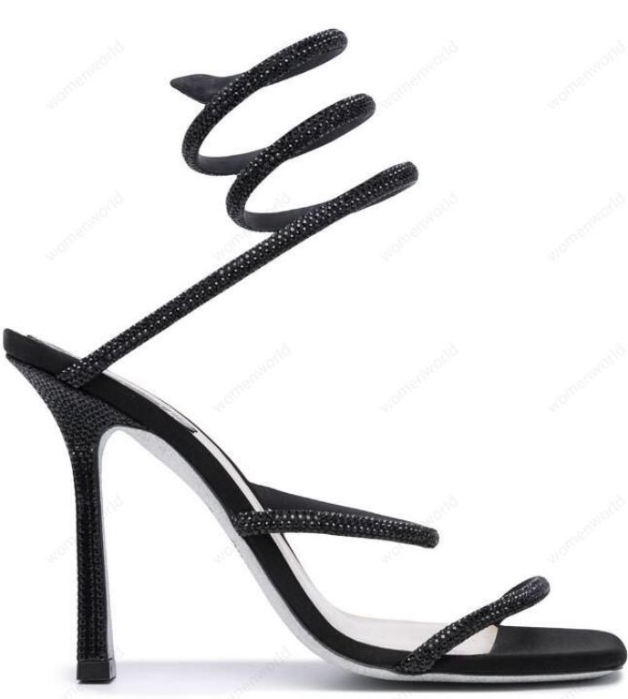 

RENE CAOVILLA 10cm stiletto High heel Sandals CRYSTAL Karung Black Snakelike twining rhinestone sandals women summer Top quality square toe heels shoes, Only a boxes