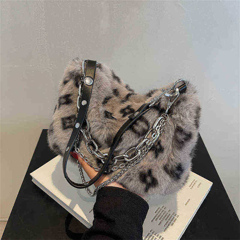 

New Winter Warm Plush Shoulder Bag Female Luxury Designer Fluffy Faux Fur Crossbody Bags for Women Chain Handbags and Purses H1215, Gray