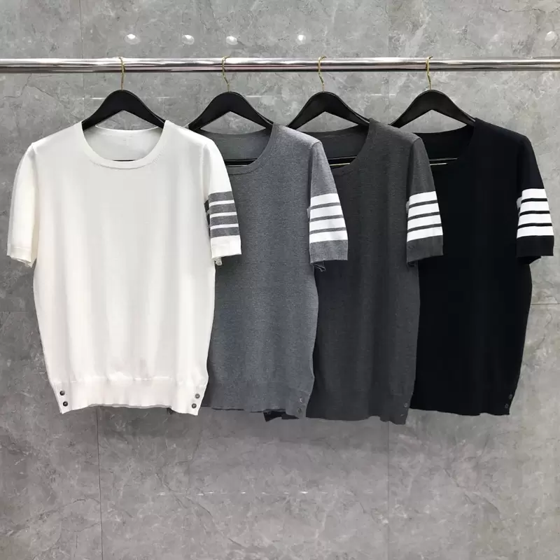 

Knitted Designer Men's T-shirts 4-Bar Stripes Summer Breathable Soft Women's Tops Loose Oversize Casual High Quality Tees Luxury Brand Wool Blend t shirt, Black