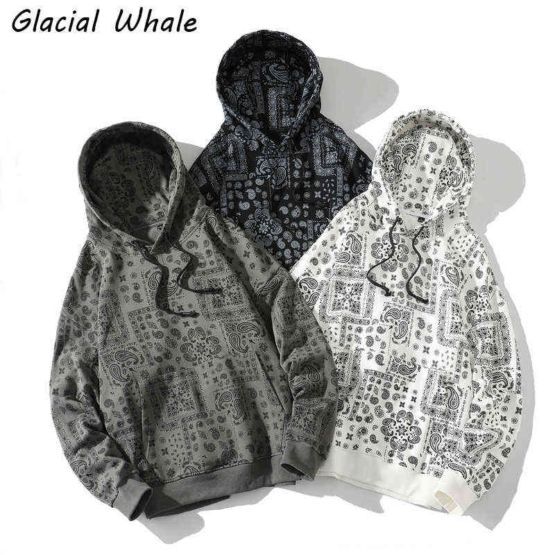 

GlacialWhale Mens Oversized Hoodies Men Bohemian Streetwear Sweatshirt Male 100% Cotton Hip Hop Black Cashew flowers Hoodie Men T220726, White