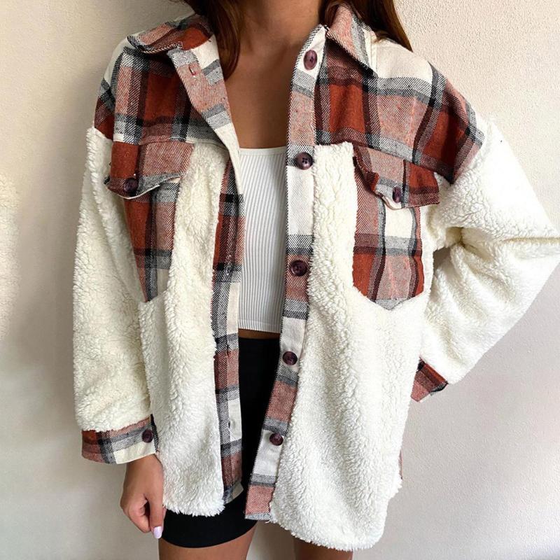 

Women' Jackets Fashion Women Lapel Plaid Patchwork Warm Buttons Cardigan H Coat Bed JacketWomen, Brown